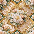 baroque florals, ornate scrollwork, cream roses, blush pink flowers, golden scrolls, sage green leaves, ivory background, decorative flourishes, vintage botanical, romantic floral,, fabric panel, elegant swirls, soft pastels, luxurious design, rococo style, dimensional flowers, graceful curves, sophisticated pattern