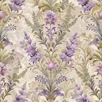 lavender, purple, sage green, cream, beige, baroque pattern, floral motif, ornate scrollwork, damask design, vintage style, elegant florals, decorative leaves, swirling vines, botanical print,, fabric panel, romantic mood, soft pastels, intricate details, repeating pattern