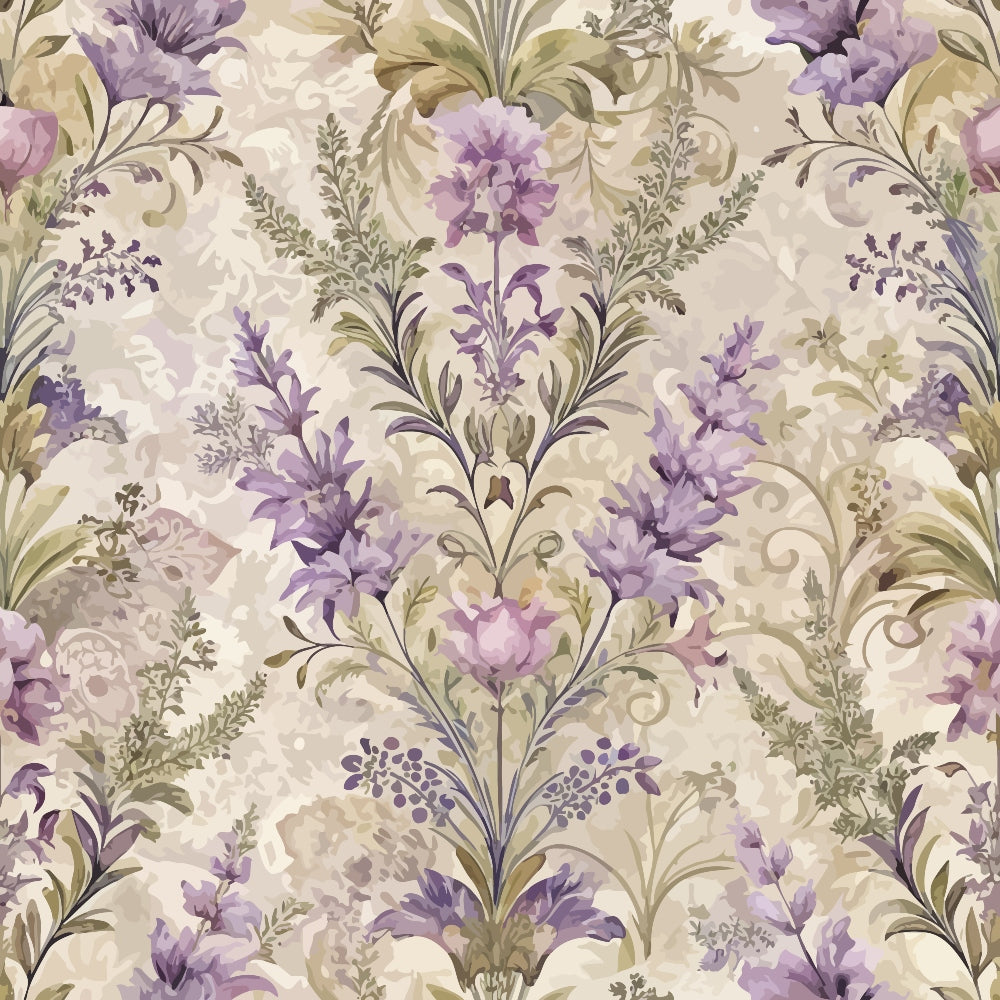 lavender, purple, sage green, cream, beige, baroque pattern, floral motif, ornate scrollwork, damask design, vintage style, elegant florals, decorative leaves, swirling vines, botanical print,, fabric panel, romantic mood, soft pastels, intricate details, repeating pattern