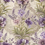 lavender, purple, sage green, cream, beige, baroque pattern, ornate scrollwork, floral motifs, decorative flourishes, vintage style, elegant design,, fabric panel, romantic florals, muted tones, intricate details, botanical elements, damask style, soft pastels, repeating pattern