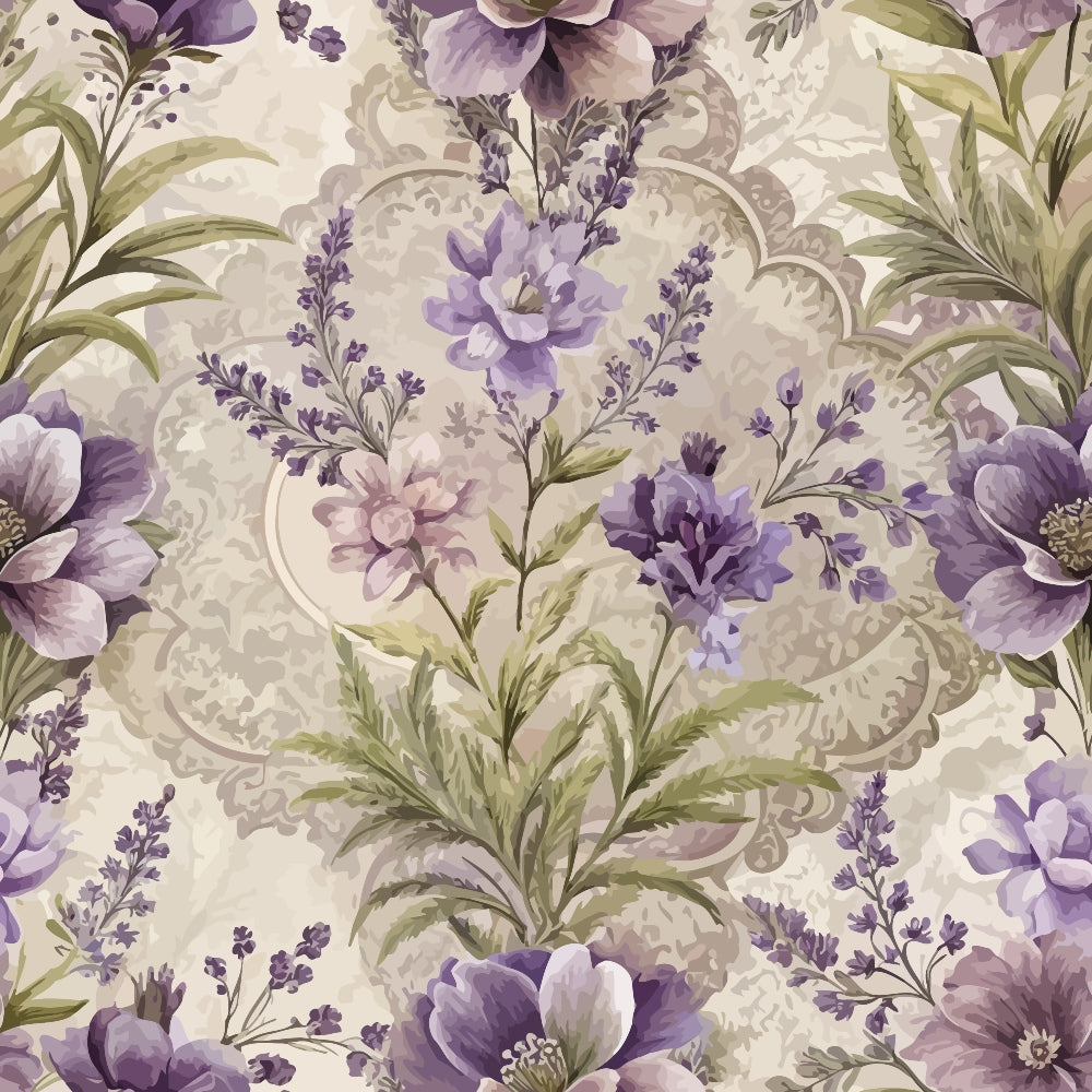 lavender, purple, sage green, cream, beige, baroque pattern, ornate scrollwork, floral motifs, decorative flourishes, vintage style, elegant design,, fabric panel, romantic florals, muted tones, intricate details, botanical elements, damask style, soft pastels, repeating pattern