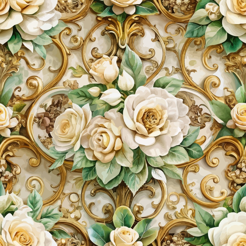 cream, ivory, gold, green, baroque pattern, ornate scrollwork, roses, floral motif, vintage roses, decorative swirls,, fabric panel, elegant florals, antique style, botanical design, romantic flowers, luxurious pattern, ornamental design, soft pastels