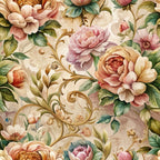 baroque florals,, fabric panel, pink roses, peach flowers, coral blooms, green leaves, ornate scrollwork, vintage pattern, elegant design, botanical motifs, cream background, dusty rose, sage green, decorative flourishes, romantic style, layered petals, flowing vines, soft pastels, seamless repeat