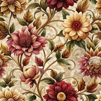 baroque florals, burgundy, cream, golden yellow, olive green, rose pink, ornate flowers, decorative scrollwork, vintage botanical, elegant swirls,, fabric panel, floral motifs, intricate petals, decorative vines, warm autumn tones, sophisticated pattern, ornamental design, luxurious florals