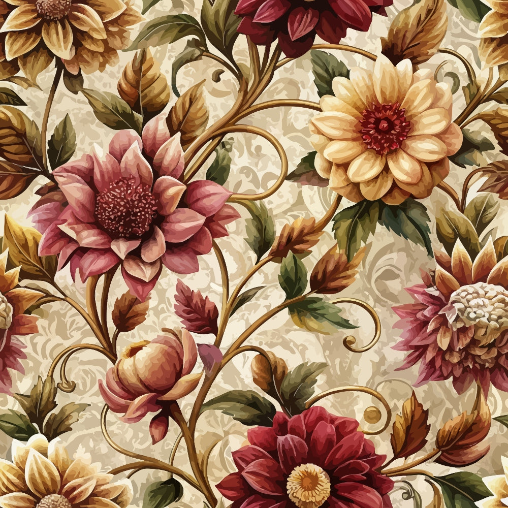 baroque florals, burgundy, cream, golden yellow, olive green, rose pink, ornate flowers, decorative scrollwork, vintage botanical, elegant swirls,, fabric panel, floral motifs, intricate petals, decorative vines, warm autumn tones, sophisticated pattern, ornamental design, luxurious florals