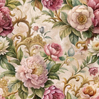 baroque florals, pink roses, cream background, gold scrollwork, ornate design,, fabric panel, vintage style, romantic flowers, dusty rose, sage green, decorative swirls, layered petals, botanical pattern, elegant motifs, soft pastels, floral arrangement, antique aesthetic, luxurious texture
