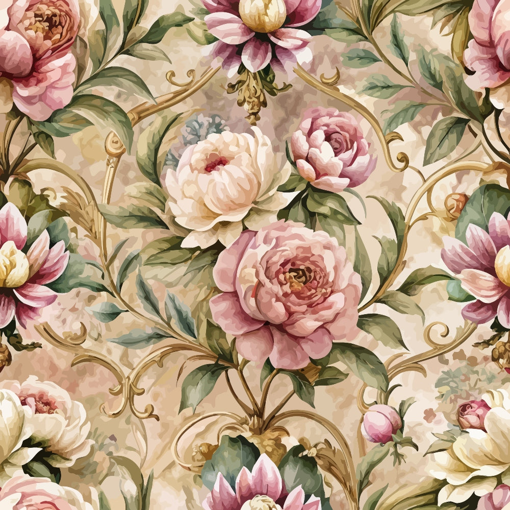 baroque florals, pink roses, cream background, gold scrollwork, ornate pattern, peonies, green leaves, vintage style, romantic design, decorative swirls, blush pink, sage green, botanical motif, elegant flowers,, fabric panel, rococo influence, floral damask, soft pastels, ornamental design