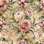 baroque florals, pink roses, cream background, gold scrollwork, ornate pattern, peonies, green leaves, vintage style, romantic design, decorative swirls, blush pink, sage green, botanical motif, elegant flowers,, fabric panel, rococo influence, floral damask, soft pastels, ornamental design