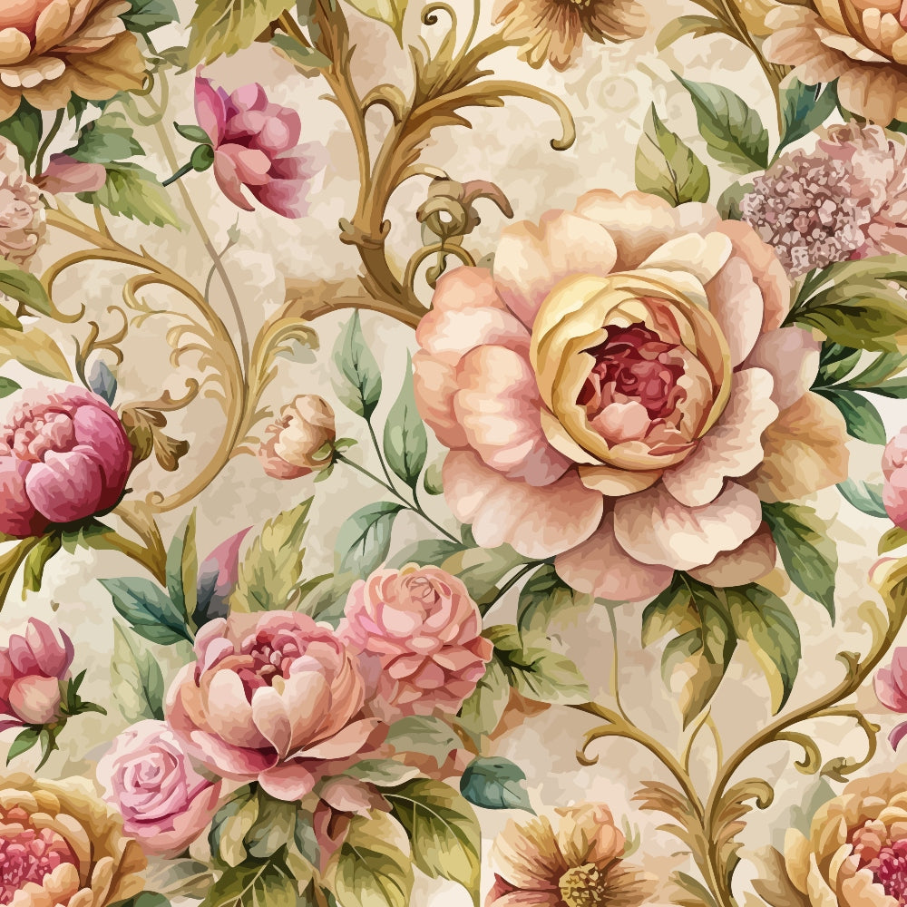 baroque floral, pink roses, peach peonies, coral flowers, sage green leaves, ornate scrollwork, vintage pattern, romantic florals,, fabric panel, watercolor style, botanical design, dusty rose, antique gold, decorative swirls, layered petals, garden flowers, soft pastels, repeating motif
