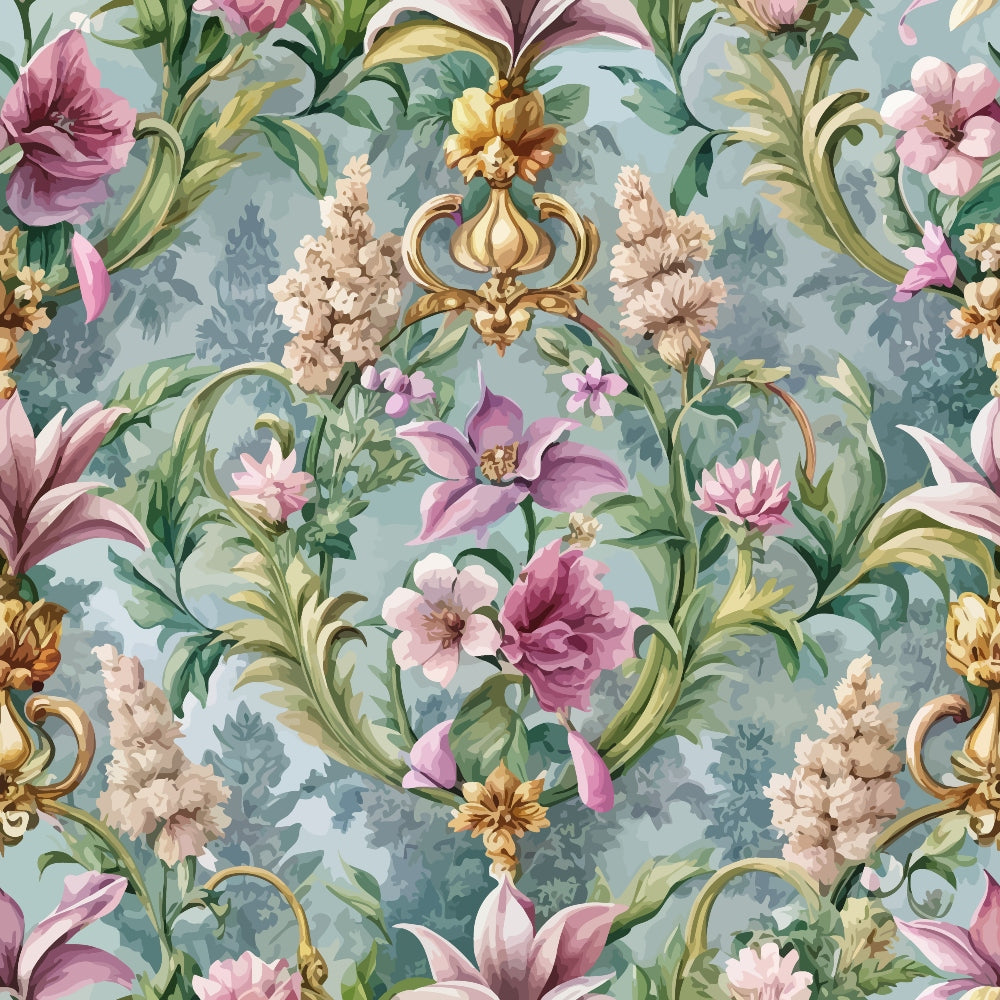 baroque florals, pink flowers, purple blooms, sage green, dusty blue, gold accents, ornate scrollwork, damask pattern, vintage style, botanical motifs,, fabric panel, elegant design, romantic florals, decorative elements, soft pastels, floral vines, ornamental details, rococo inspired
