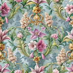 baroque florals, pink flowers, purple blooms, sage green, dusty blue, gold accents, ornate scrollwork, damask pattern, vintage style, botanical motifs,, fabric panel, elegant design, romantic florals, decorative elements, soft pastels, floral vines, ornamental details, rococo inspired
