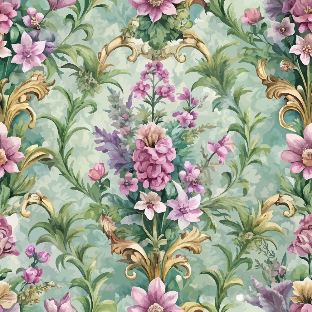 sage green, dusty rose, lavender, mauve, gold accents, baroque pattern, ornate scrollwork, floral motifs, vintage flowers, decorative flourishes,, fabric panel, romantic style, elegant design, pastoral blooms, soft pastels, intricate details, victorian inspired, damask elements, botanical print