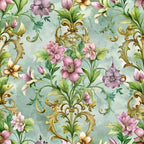 sage green, pink flowers, purple blooms, gold baroque scrolls, ornate flourishes, floral motif, watercolor style, romantic pattern,, fabric panel, botanical design, vintage inspired, soft pastels, decorative swirls, garden flowers, elegant design, repeating pattern, cotton fabric