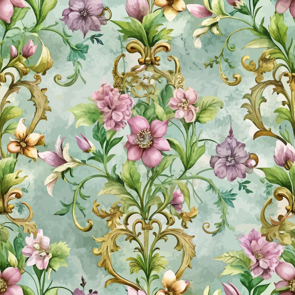 sage green, pink flowers, purple blooms, gold baroque scrolls, ornate flourishes, floral motif, watercolor style, romantic pattern,, fabric panel, botanical design, vintage inspired, soft pastels, decorative swirls, garden flowers, elegant design, repeating pattern, cotton fabric