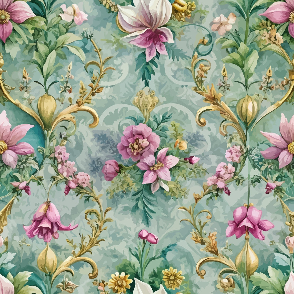 sage green, dusty pink, golden yellow, baroque florals, ornate scrollwork, magnolia flowers, pink roses, decorative swirls, vintage botanical, romantic floral,, fabric panel, spring flowers, pastel palette, elegant pattern, flowing vines, delicate blooms, rococo style, soft watercolor, repeating motif