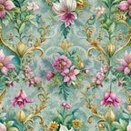 sage green, dusty pink, golden yellow, baroque florals, ornate scrollwork, magnolia flowers, pink roses, decorative swirls, vintage botanical, romantic floral,, fabric panel, spring flowers, pastel palette, elegant pattern, flowing vines, delicate blooms, rococo style, soft watercolor, repeating motif