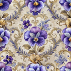 purple flowers, baroque pattern, ornate scrollwork, floral motif, cream background, gold accents, pansy blooms, decorative swirls, vintage style,, fabric panel, elegant design, purple petals, brown leaves, intricate details, seamless repeat, botanical print, lavender tones, ornamental flourishes