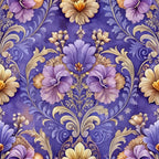 purple, lavender, cream, gold, baroque pattern, ornate florals, damask design, scrollwork, acanthus leaves, decorative motifs,, fabric panel, elegant style, luxurious, ornamental, symmetrical design, floral medallions, vintage inspired, sophisticated, rich colors