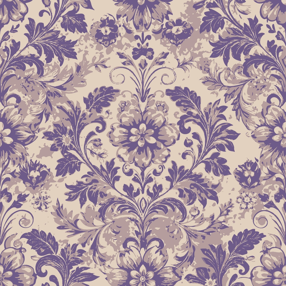 purple, lavender, cream, beige, baroque pattern, ornate florals, damask design, scrollwork, acanthus leaves, decorative motifs, vintage style, elegant pattern,, fabric panel, intricate details, symmetrical design, formal florals, rococo elements, luxurious pattern, repeating motif
