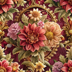 burgundy, maroon, coral, peach, gold, ornate florals, baroque pattern, decorative scrollwork, dahlia flowers, layered petals, vintage botanical, elegant motifs,, fabric panel, rich colors, ornamental design, floral bouquets, luxurious style, dimensional flowers, autumn tones