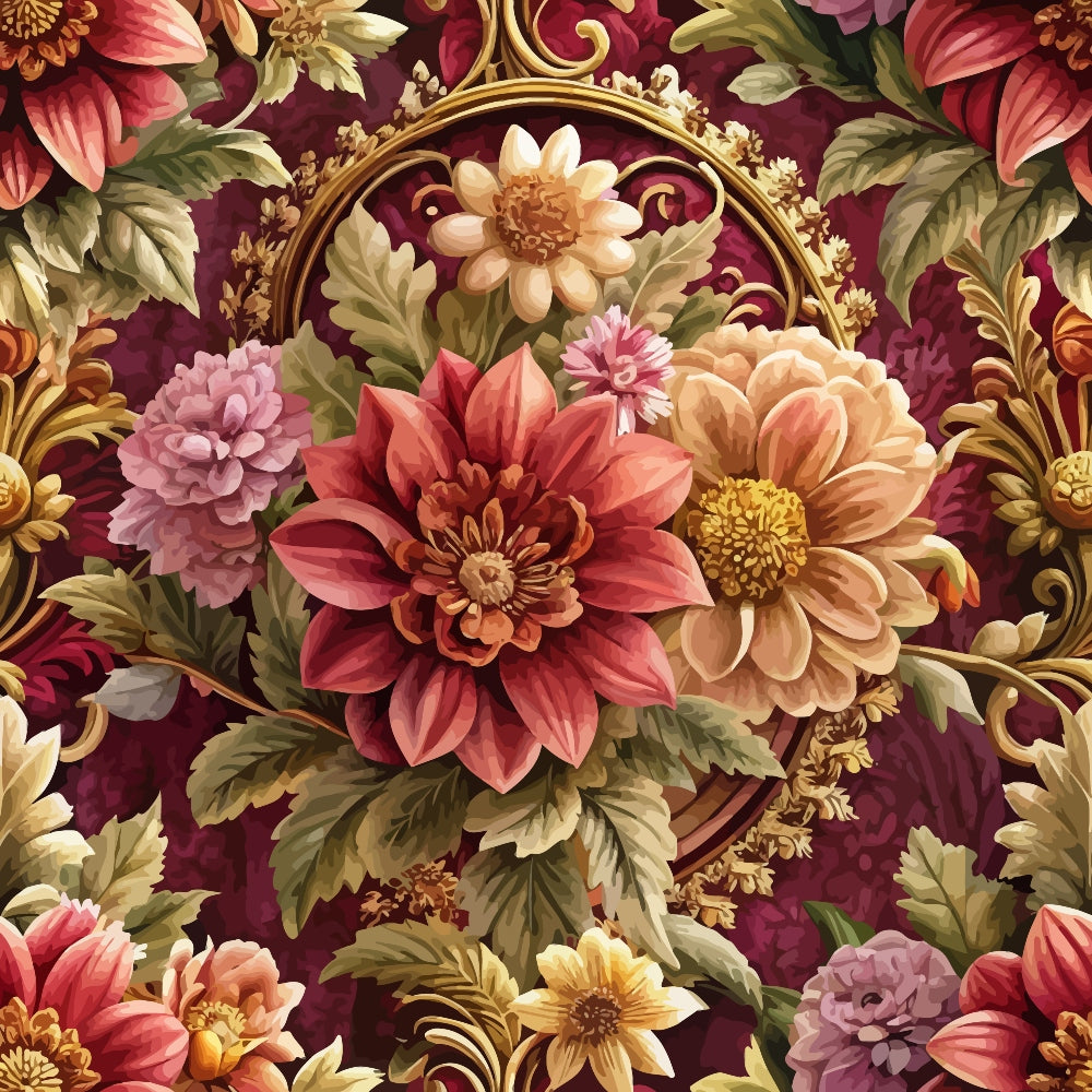 burgundy, maroon, coral, peach, gold, ornate florals, baroque pattern, decorative scrollwork, dahlia flowers, layered petals, vintage botanical, elegant motifs,, fabric panel, rich colors, ornamental design, floral bouquets, luxurious style, dimensional flowers, autumn tones