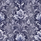 baroque florals, purple, lavender, gray, white, ornate scrollwork, damask pattern, acanthus leaves, decorative swirls, monochromatic, elegant motifs,, fabric panel, vintage style, formal design, intricate details, flowing vines, luxurious pattern, textile design