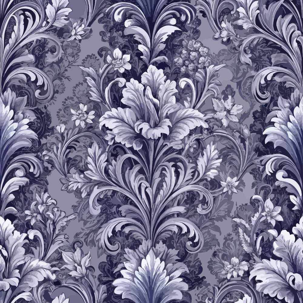 baroque florals, purple, lavender, gray, white, ornate scrollwork, damask pattern, acanthus leaves, decorative swirls, monochromatic, elegant motifs,, fabric panel, vintage style, formal design, intricate details, flowing vines, luxurious pattern, textile design