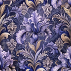 purple, lavender, navy blue, beige, baroque pattern, ornate florals, decorative scrolls, acanthus leaves, damask design, intricate motifs, elegant swirls, vintage style, luxurious pattern,, fabric panel, ornamental design, floral damask, sophisticated palette, decorative arts, rococo influence