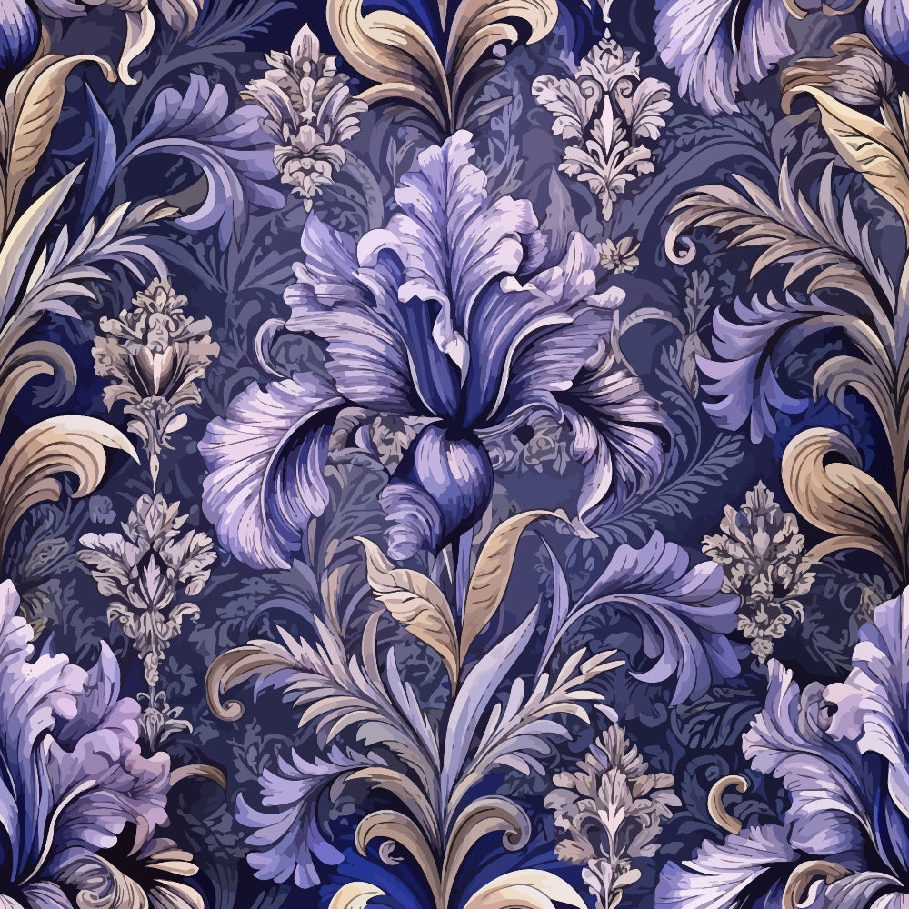 purple, lavender, navy blue, beige, baroque pattern, ornate florals, decorative scrolls, acanthus leaves, damask design, intricate motifs, elegant swirls, vintage style, luxurious pattern,, fabric panel, ornamental design, floral damask, sophisticated palette, decorative arts, rococo influence