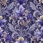 purple, lavender, deep violet, navy blue, cream, baroque pattern, ornate florals, damask design, scrolling vines, acanthus leaves, decorative motifs, vintage style, elegant atmosphere,, fabric panel, luxurious feel, intricate details, flowing curves, ornamental flowers, rich tones