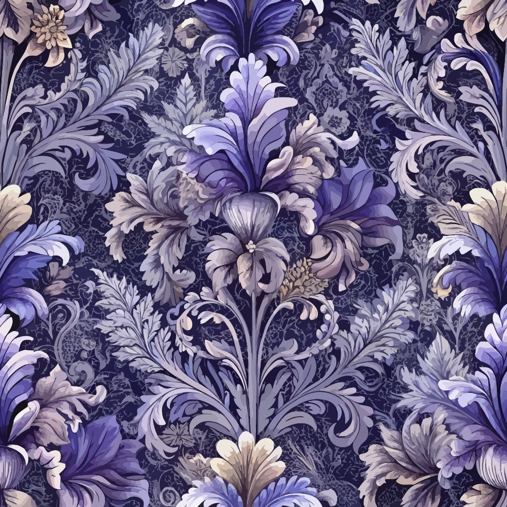 purple, lavender, deep violet, navy blue, cream, baroque pattern, ornate florals, damask design, scrolling vines, acanthus leaves, decorative motifs, vintage style, elegant atmosphere,, fabric panel, luxurious feel, intricate details, flowing curves, ornamental flowers, rich tones