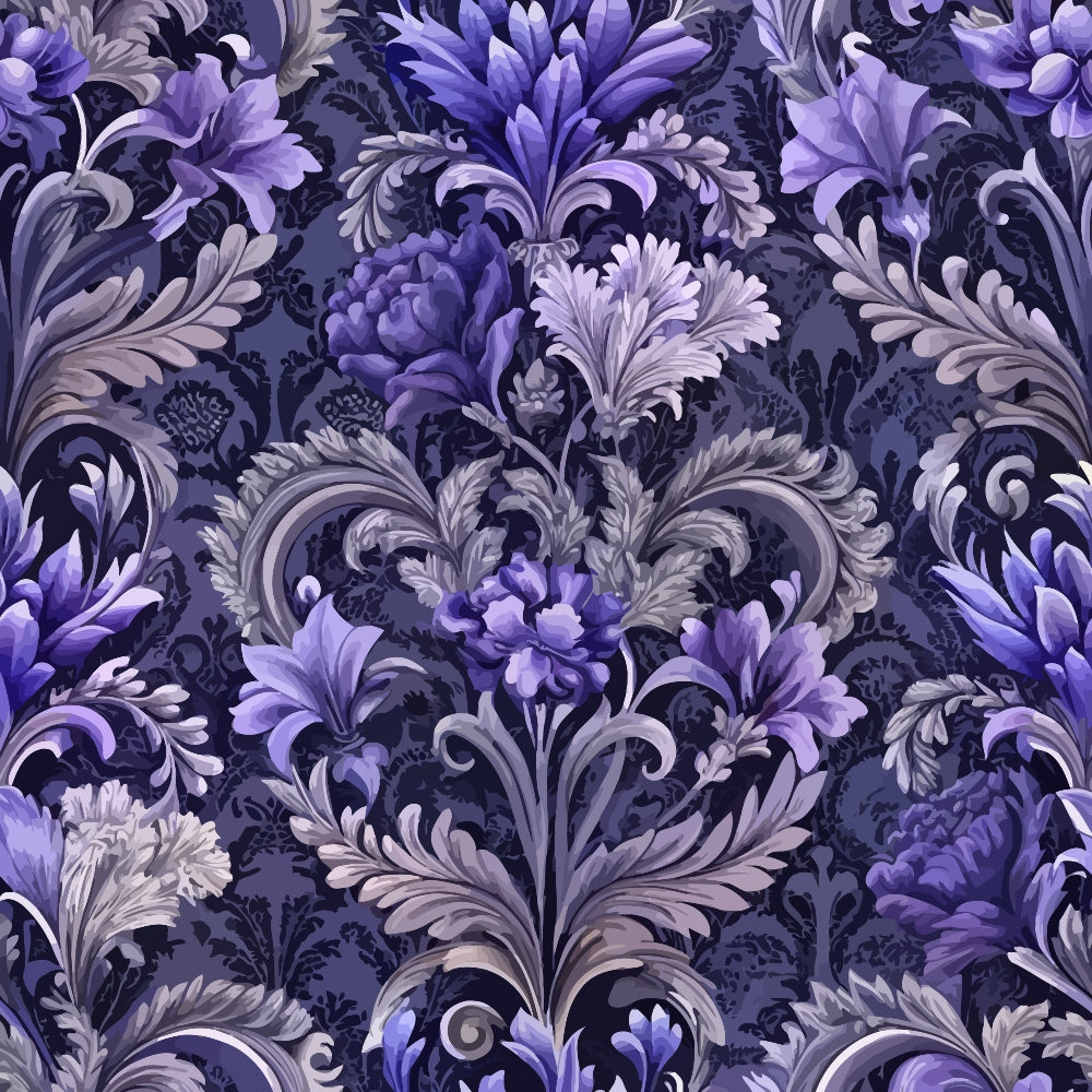 purple, lavender, deep violet, navy blue, gray, baroque pattern, ornate florals, damask design, scrollwork, acanthus leaves, decorative swirls, elegant motifs, luxurious pattern, vintage style,, fabric panel, rich textures, formal design, intricate details, regal aesthetic