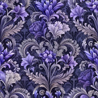 purple, lavender, deep violet, navy blue, gray, baroque pattern, ornate florals, damask design, scrollwork, acanthus leaves, decorative swirls, elegant motifs, luxurious pattern, vintage style,, fabric panel, rich textures, formal design, intricate details, regal aesthetic