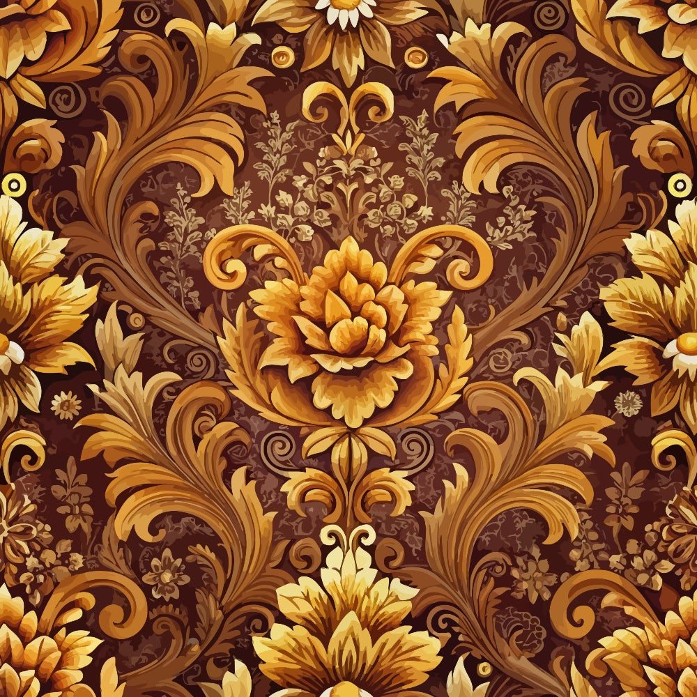 baroque florals, golden brown, amber tones, ornate scrollwork, damask pattern, decorative swirls, elegant flowers, vintage motifs, rich browns,, fabric panel, luxurious design, intricate details, flowing vines, ornamental leaves, warm palette, sophisticated style, repeating pattern, textile art, premium cotton