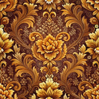 baroque florals, golden brown, amber tones, ornate scrollwork, damask pattern, decorative swirls, elegant flowers, vintage motifs, rich browns,, fabric panel, luxurious design, intricate details, flowing vines, ornamental leaves, warm palette, sophisticated style, repeating pattern, textile art, premium cotton