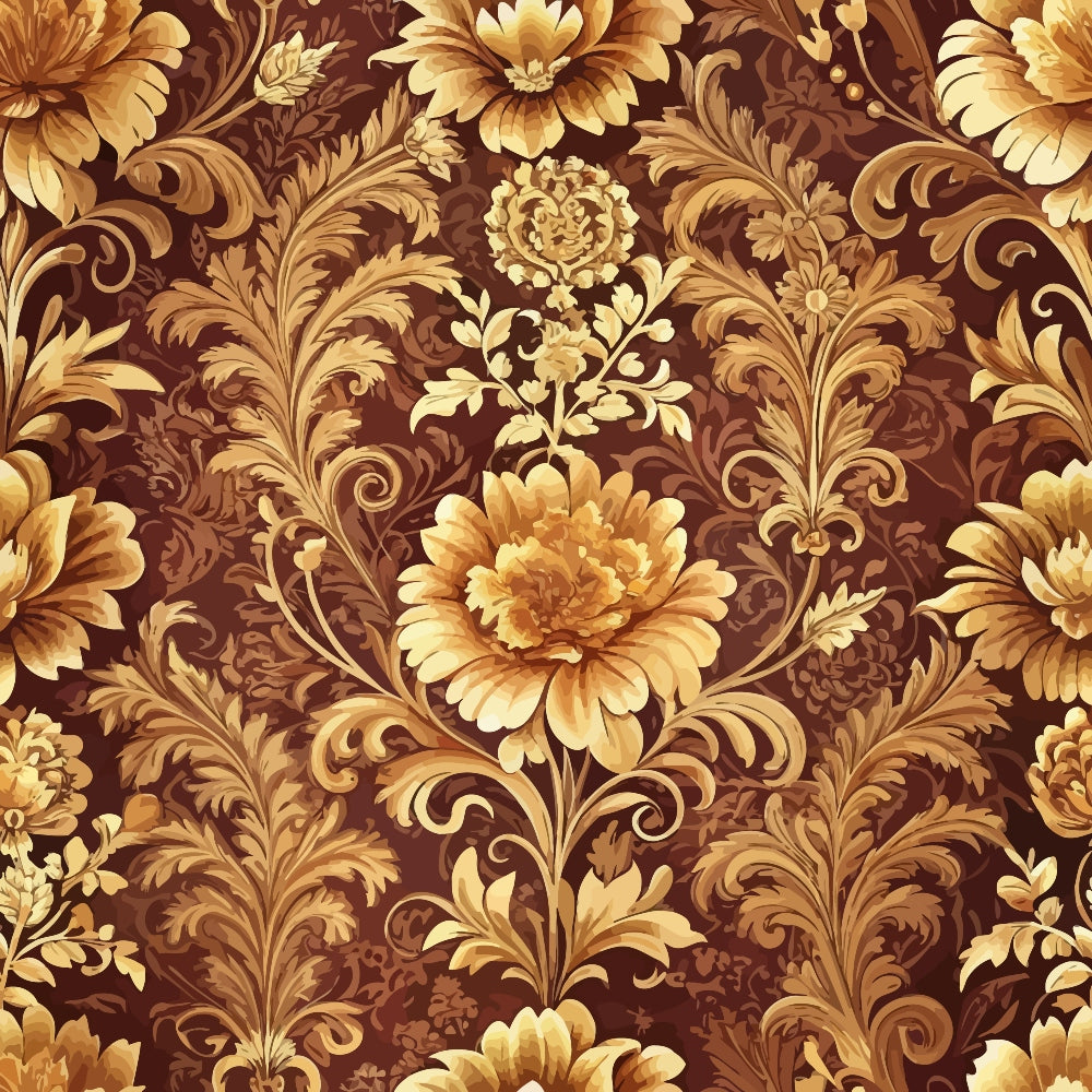 brown, golden, amber, baroque florals, ornate flowers, scrollwork, acanthus leaves, damask pattern, elegant swirls, decorative motifs,, fabric panel, luxurious design, warm tones, intricate details, formal pattern, opulent style, vintage inspired, rich colors