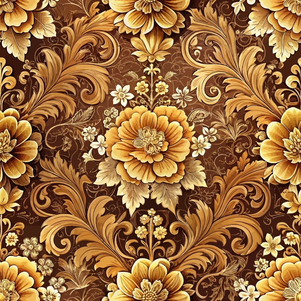 baroque florals, ornate flowers, scrollwork, acanthus leaves, golden brown, amber, cream, sepia tones, decorative swirls, vintage damask, elaborate blooms, rococo style, intricate vines, ornamental pattern,, fabric panel, luxurious design, botanical motifs, antique finish, warm earth tones