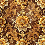 baroque florals, ornate flowers, scrollwork, acanthus leaves, golden brown, amber, cream, sepia tones, decorative swirls, vintage damask, elaborate blooms, rococo style, intricate vines, ornamental pattern,, fabric panel, luxurious design, botanical motifs, antique finish, warm earth tones