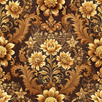 brown, gold, amber, bronze, baroque floral, ornate flowers, damask pattern, scrollwork, acanthus leaves, vintage style, luxurious design,, fabric panel, decorative motifs, swirling vines, formal pattern, rich tones, ornamental design, textile art, repetitive motif