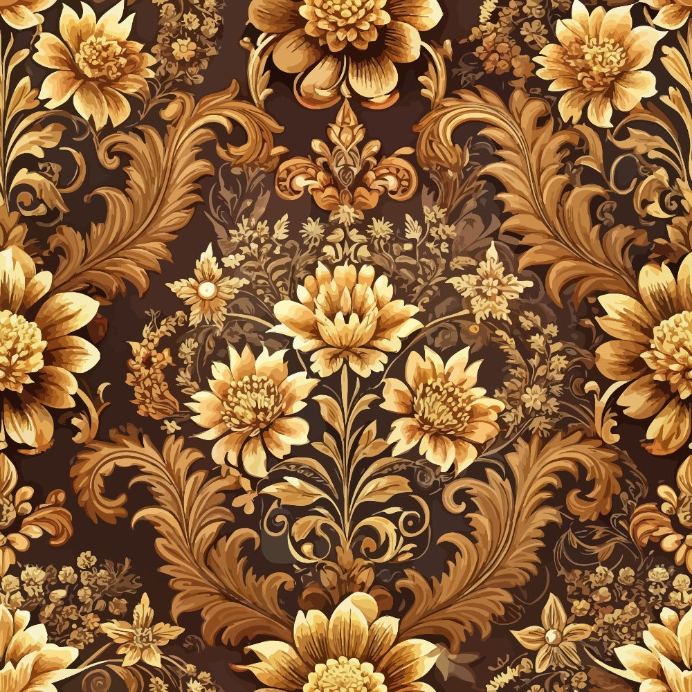 brown, gold, amber, bronze, baroque floral, ornate flowers, damask pattern, scrollwork, acanthus leaves, vintage style, luxurious design,, fabric panel, decorative motifs, swirling vines, formal pattern, rich tones, ornamental design, textile art, repetitive motif