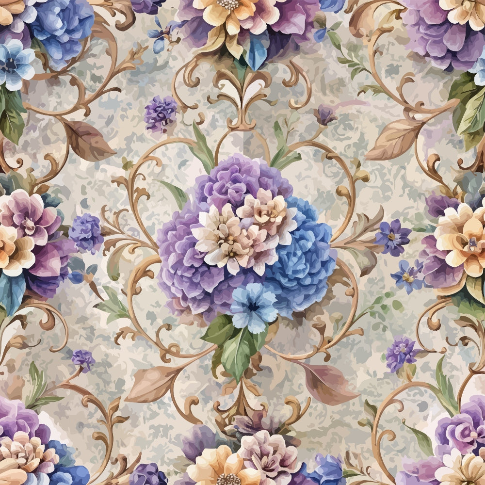 baroque florals, purple flowers, blue blooms, cream background, ornate scrollwork, damask pattern, watercolor style, elegant design,, fabric panel, floral motifs, decorative swirls, lavender tones, peach accents, vintage florals, romantic style, seamless repeat, botanical elements, soft pastels, intricate details