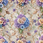 baroque florals, purple flowers, blue blooms, cream background, ornate scrollwork, damask pattern, watercolor style, elegant design,, fabric panel, floral motifs, decorative swirls, lavender tones, peach accents, vintage florals, romantic style, seamless repeat, botanical elements, soft pastels, intricate details