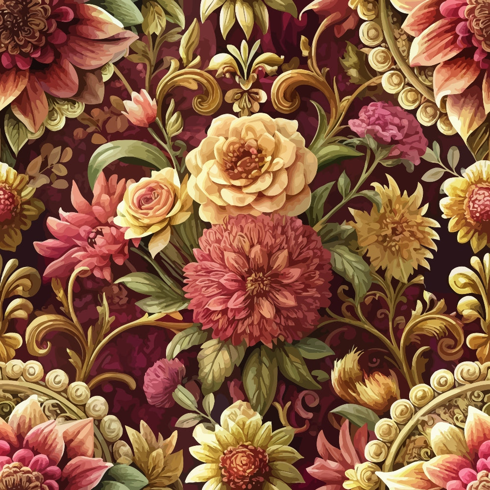 burgundy, coral pink, golden yellow, sage green, cream, baroque florals, ornate scrollwork, roses, dahlias, chrysanthemums, decorative swirls, vintage botanical, opulent design, rich tones,, fabric panel, floral motifs, elaborate pattern, warm palette, luxurious feel