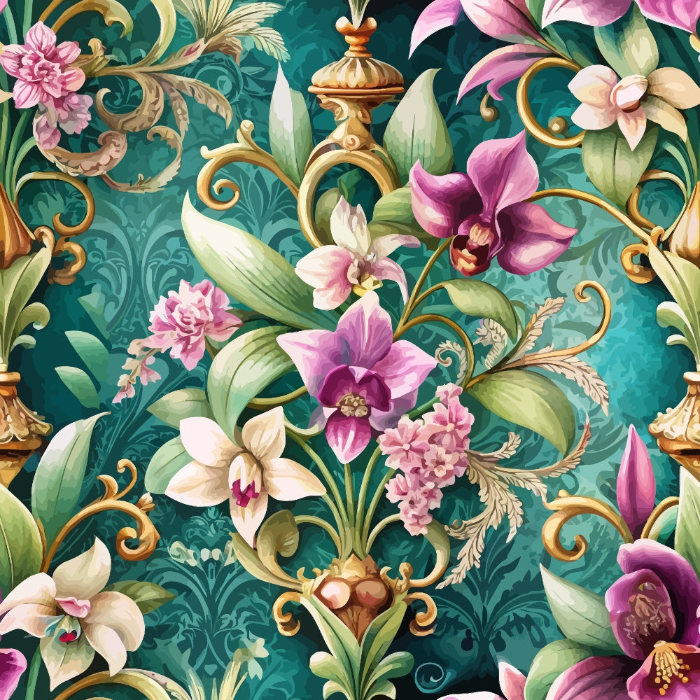 baroque pattern, floral design, orchids, pink flowers, cream flowers, teal background, gold scrollwork, ornate flourishes, botanical motif,, fabric panel, decorative swirls, vintage style, elegant florals, purple blooms, green leaves, intricate details, luxurious pattern, romantic flowers, ornamental design