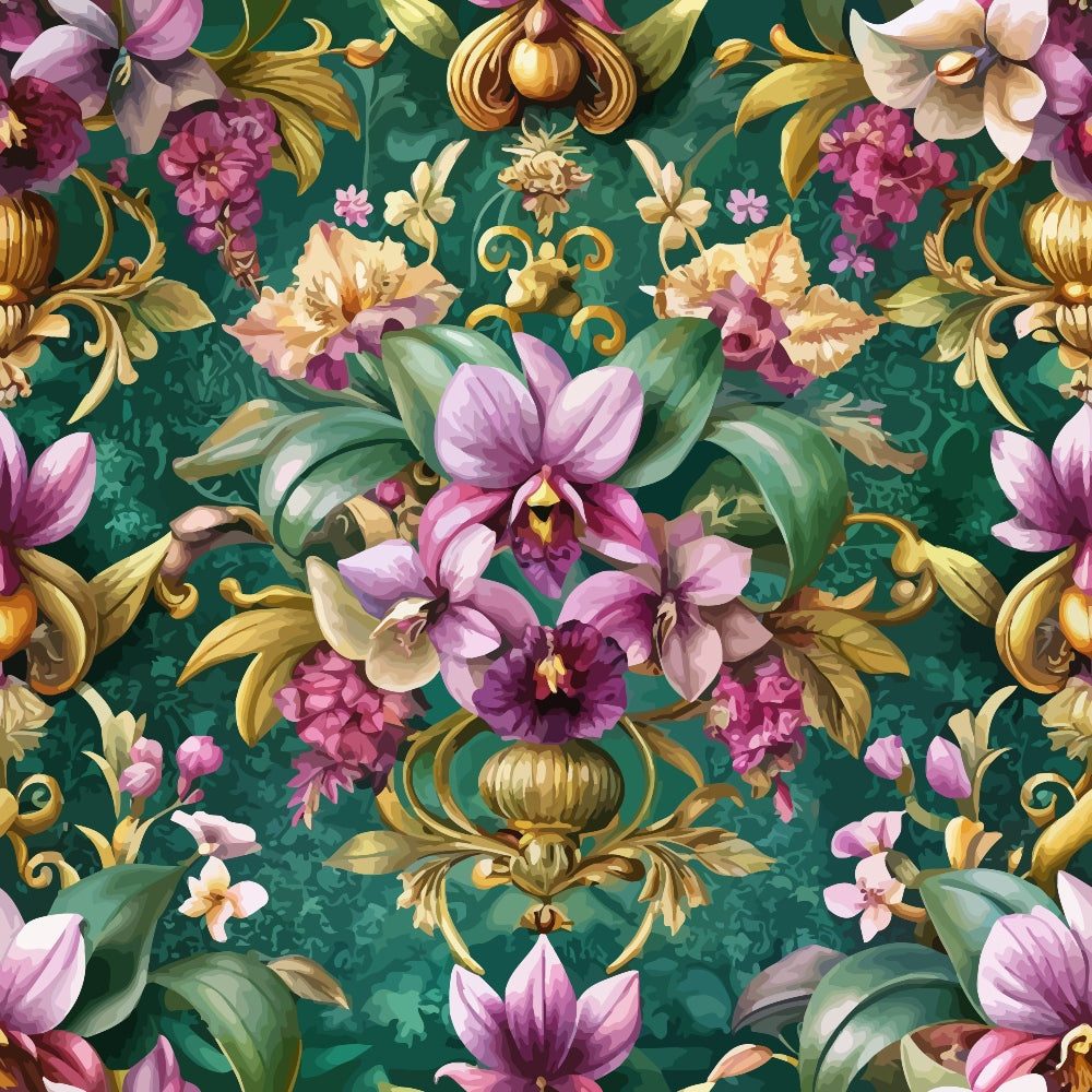 emerald green, purple orchids, pink flowers, gold accents, baroque pattern, ornate scrollwork, floral motif,, fabric panel, decorative swirls, botanical design, rich colors, luxurious style, repeating pattern, tropical flowers, vintage elegance, deep teal, magenta blooms, gilded elements, opulent florals