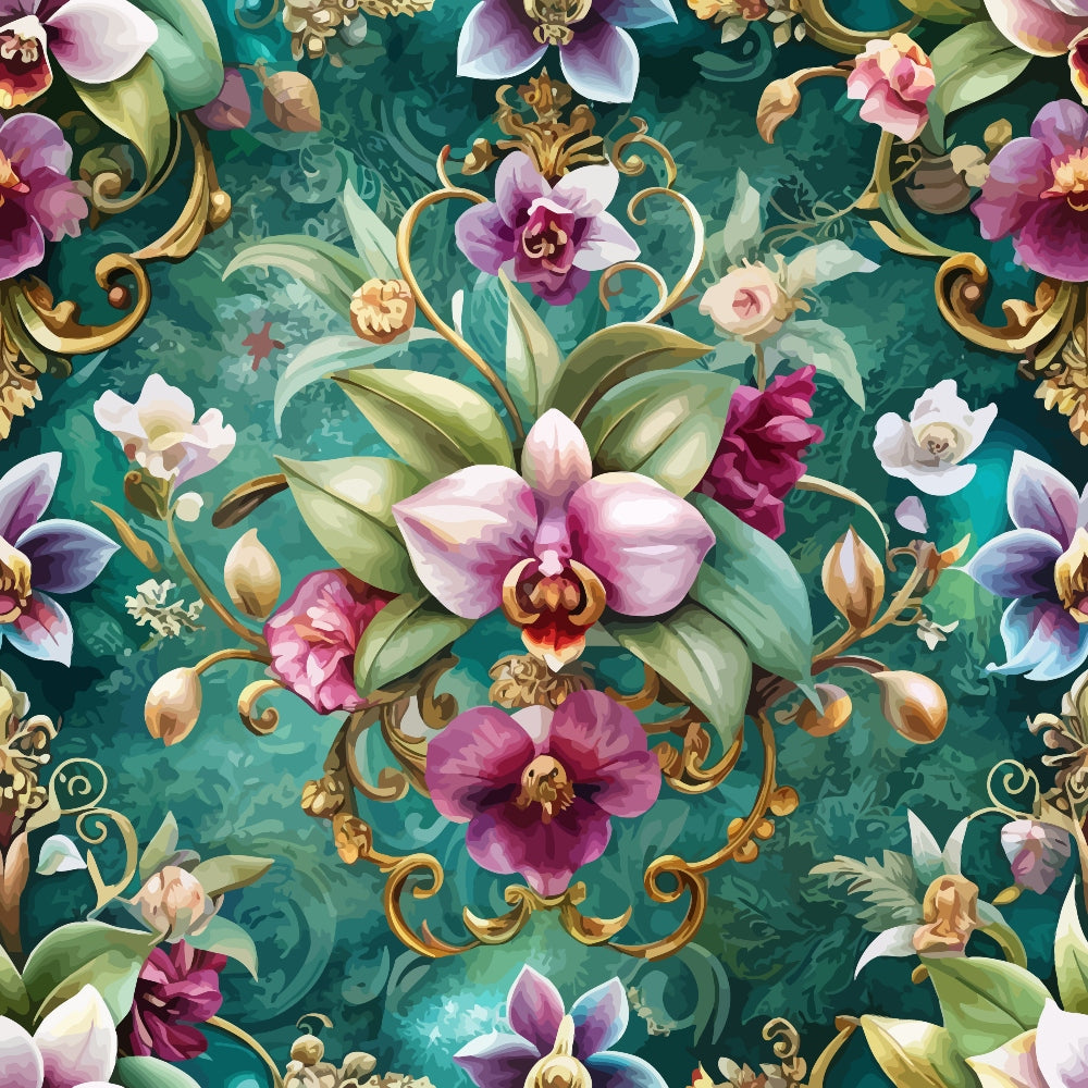 teal background, purple orchids, baroque pattern, gold scrollwork, ornate florals,, fabric panel, emerald green, magenta flowers, white blooms, decorative swirls, botanical motifs, luxurious design, floral arrangement, jewel tones, ornamental style, pink petals, elegant florals, sophisticated pattern