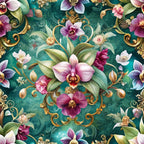 teal background, purple orchids, baroque pattern, gold scrollwork, ornate florals,, fabric panel, emerald green, magenta flowers, white blooms, decorative swirls, botanical motifs, luxurious design, floral arrangement, jewel tones, ornamental style, pink petals, elegant florals, sophisticated pattern