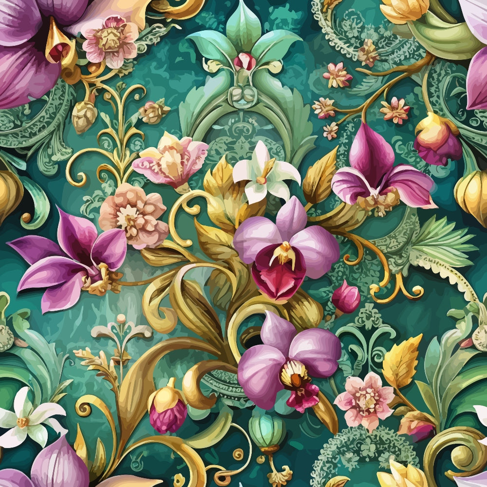 teal background, purple orchids, baroque pattern, ornate scrollwork, floral motif,, fabric panel, decorative swirls, botanical design, jewel tones, golden accents, pink flowers, green foliage, elegant flourishes, vintage style, seamless repeat, luxurious pattern, cottage core, ornamental design