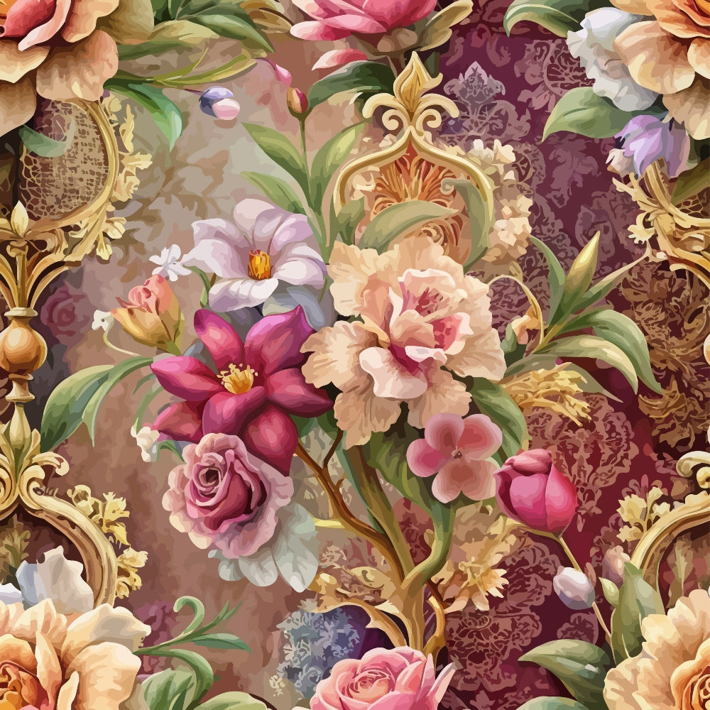 baroque florals, ornate flowers, gilded frames, burgundy, mauve, peach, coral, gold accents, vintage roses, decorative scrollwork, rococo style, elegant peonies, luxurious pattern,, fabric panel, opulent design, rich purples, antique motifs, elaborate botanical, sophisticated floral