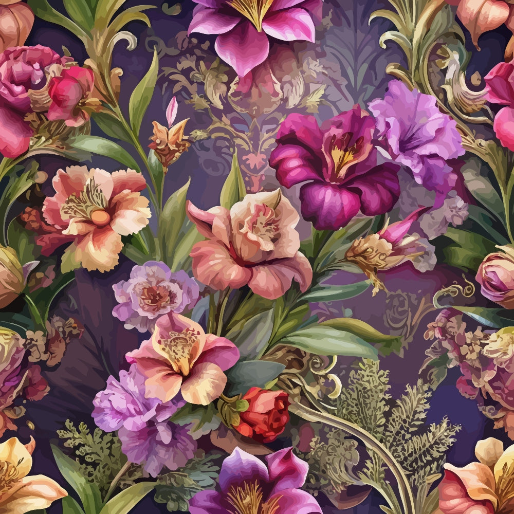 burgundy, purple, magenta, coral, peach, baroque florals, ornate scrollwork, lilies, peonies, decorative leaves, rich jewel tones, vintage botanical, elaborate pattern,, fabric panel, luxurious design, floral motifs, ornamental swirls, deep plum background, romantic florals